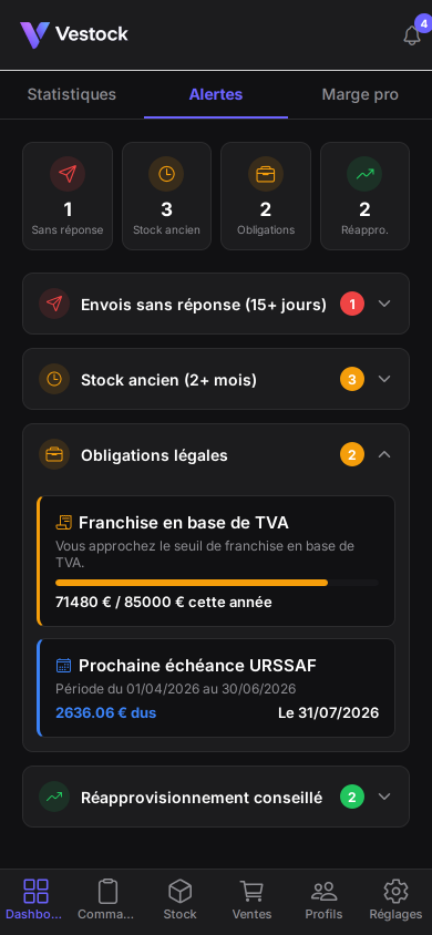 Onglet Alertes de Vestock : seuil de franchise de TVA à 84 % et prochaine échéance URSSAF avec le montant estimé.