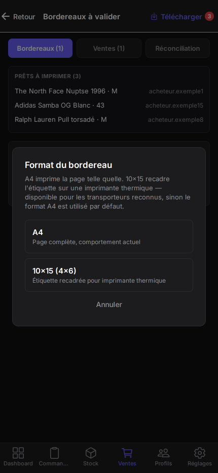 Fenêtre Format du bordereau dans Vestock : A4 ou étiquette 10×15 pour imprimante thermique.