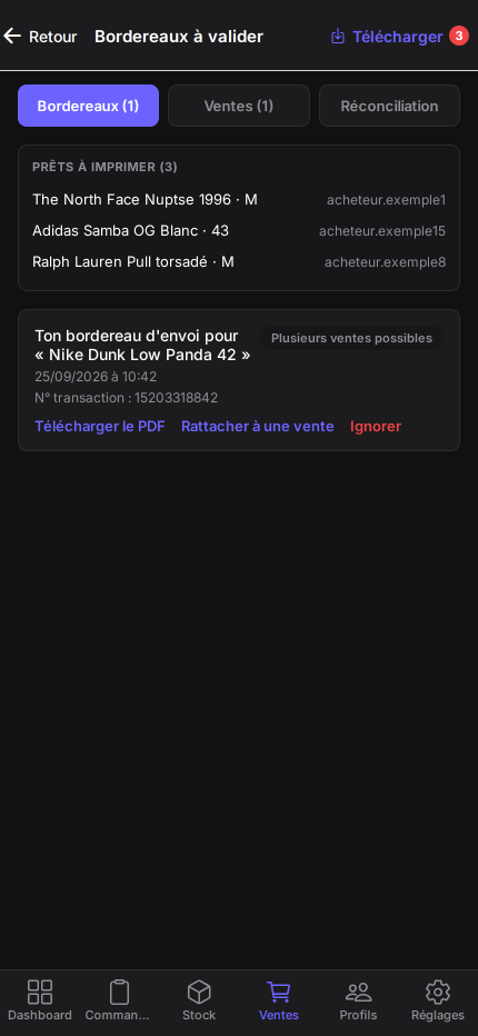 Écran Bordereaux de Vestock : les bordereaux prêts à imprimer, avec l'article, la taille et l'acheteur, et le bouton Télécharger.