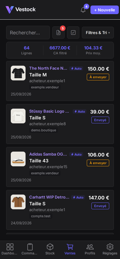Liste des ventes Vestock : chaque vente importée porte le badge Auto et son statut, À envoyer ou Envoyé.